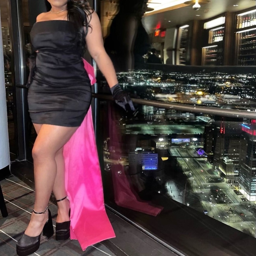 Black Satin pink bow tie dress